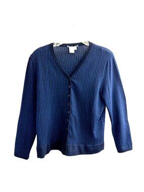 Worth Womens Blue Black Wool Cardigan Sweater L Button Navy Stripped Lightweight